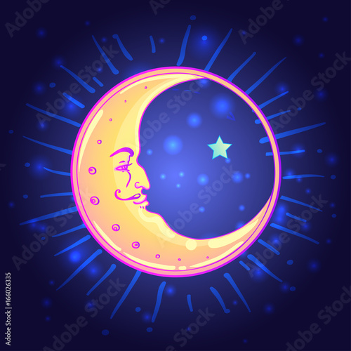 Vector drawing of the Moon with human face over night sky background. Mystical illustration with Crescent.