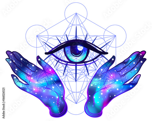 Female hands with galaxy inside open around masonic symbol. New World Order. Hand-drawn alchemy, religion, spirituality, occultism. Vector illustration.