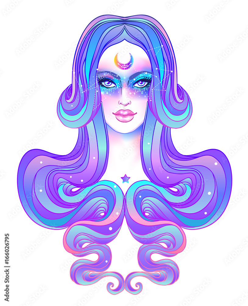 Cute teen girl with galaxy make up, dyed purple hair and stars,  constellations. Art nouveau and kawaii gothic inspired. Hipster, pastel  goth, vibrant colors. Stock Vector | Adobe Stock