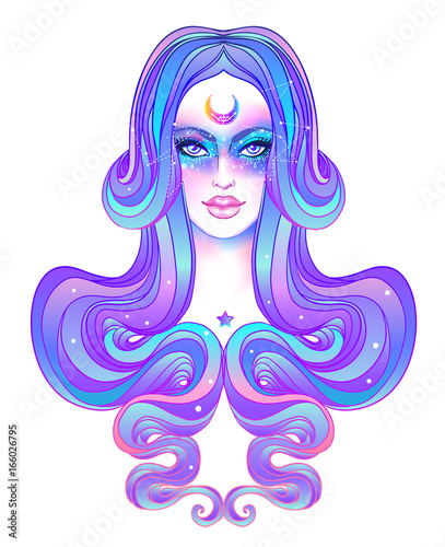 Cute teen girl with galaxy make up, dyed purple hair and stars, constellation...