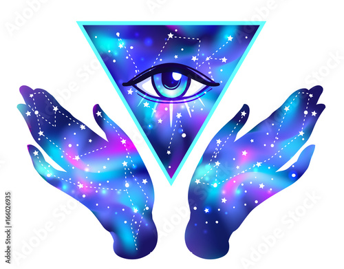 Open hands with galaxy inside open around masonic symbol. New World Order. Hand-drawn alchemy, religion, spirituality, occultism. Vector isolated on white.