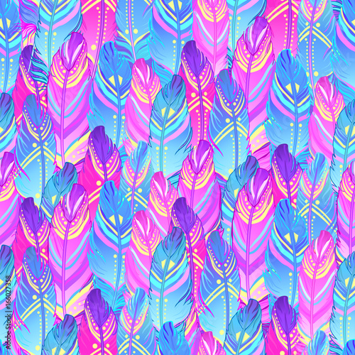 Hand drawn vector seamless pattern with painted bird feathers. Titled background. Colorful art for your design. Trendy  boho style patterned elements.