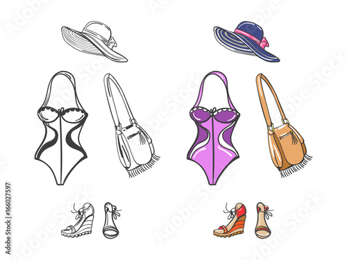 Fashion beach look for girl. Swimwear, shoes, hat and bag colorful and silhouettes. Vector illustration