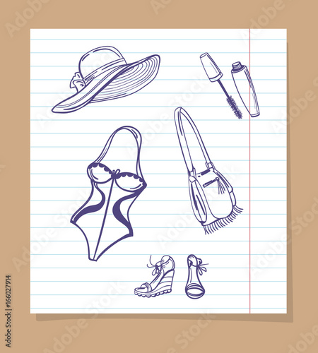 Hand drawn beach look with swimwear, sunhat, waterproof mascara. Vector ballpoint pen illustration on notebook page background