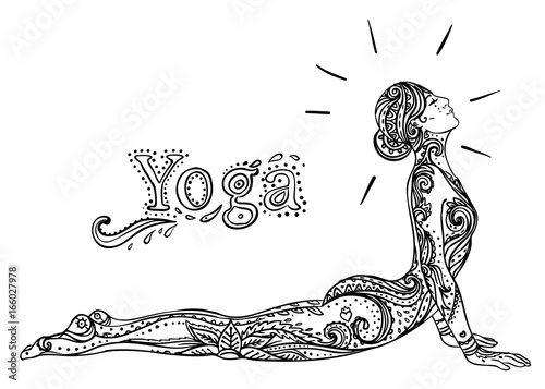 Young pretty girl doing yoga. Vintage decorative vector illustration. Hand drawn background. Mehenidi ornate decorative style. Yoga studio  concept, Indian, Hindu motifs. photo