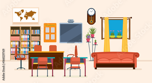 Interior of room for teacher  with furniture  interior items  objects.