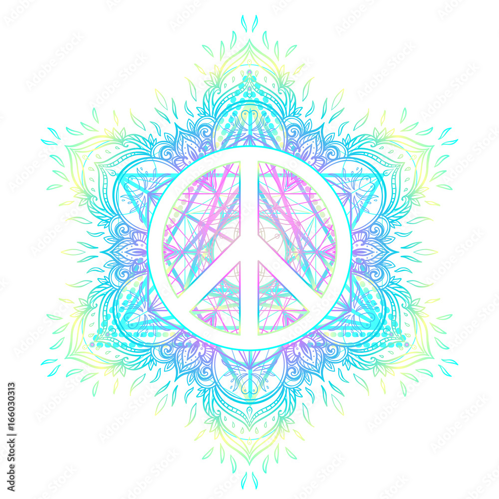 Fototapeta premium Peace symbol over decorative ornate background mandala round pattern. Boho, hippie style. Freedom, spirituality, occultism, textiles art. Vector illustration