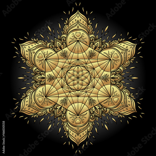 Decorative mandala round pattern with sacred geometry element Metatron Cube, powerful symbol, Flower of Life. Alchemy, philosophy, spirituality. Design music cover, t-shirt, poster.