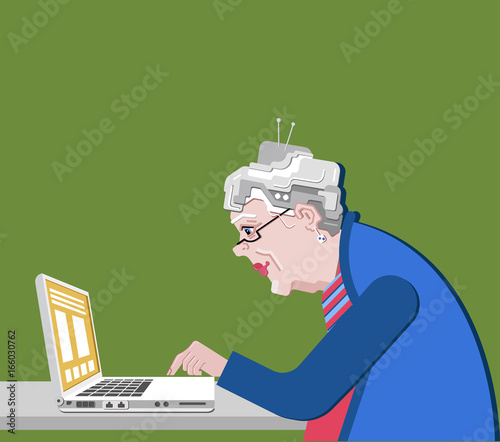 Grandmother with the computer sits. Vector illustration in a flat style. Old progressive woman use modern technology. Green background