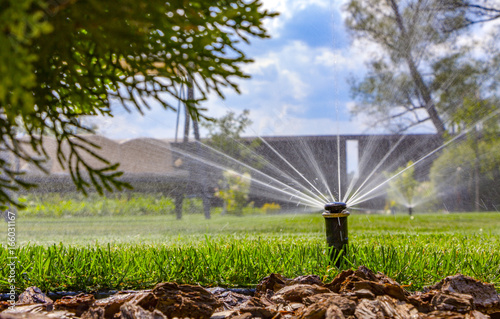 Automatic irrigation system on the background of green grass photo