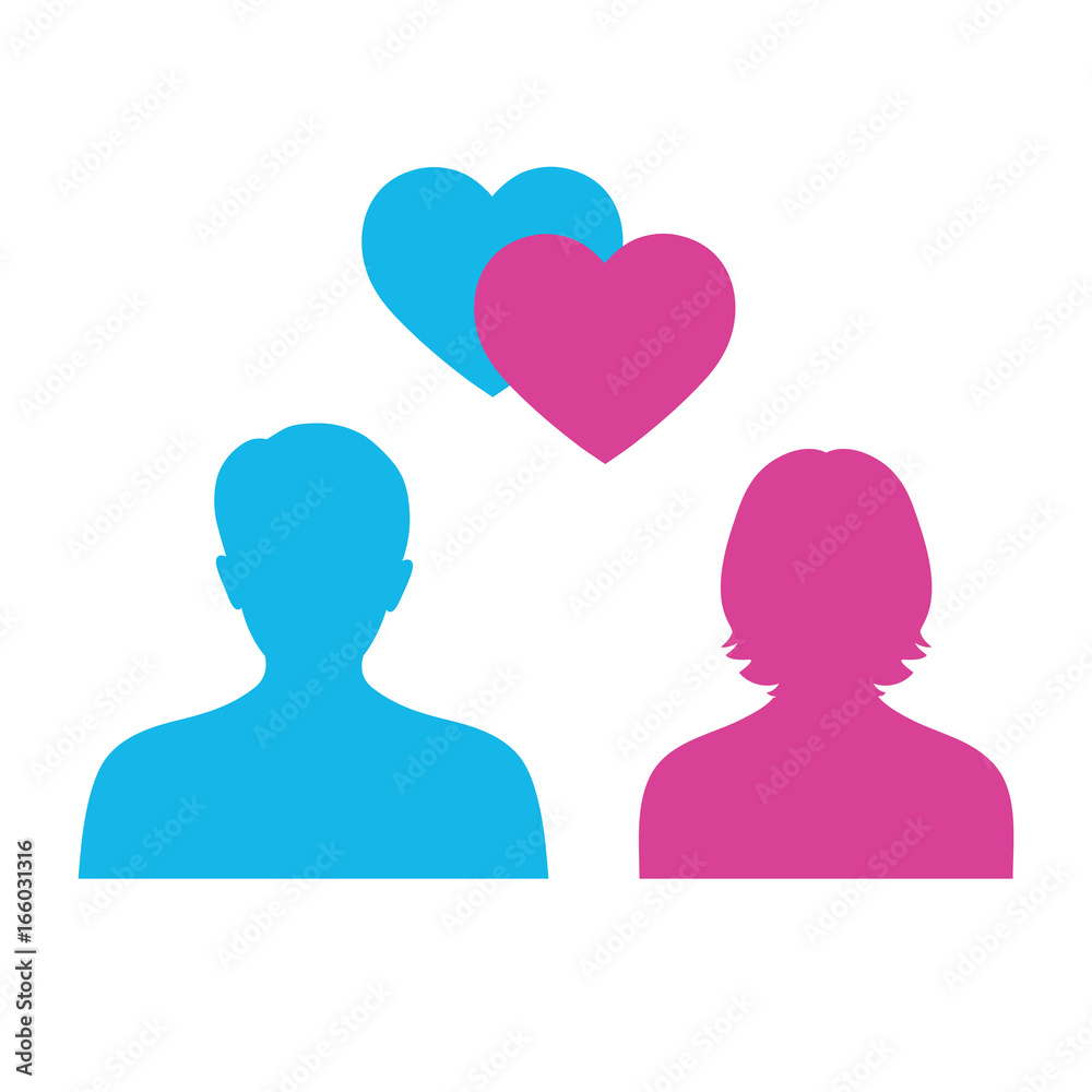 Silhouette of man and woman with emblem of heart on white background Silhouette of man and woman with emblem of heart on white background