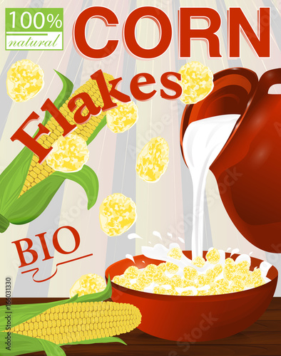 Corn flakes label. Milk pouring from the jug a plate. Vector