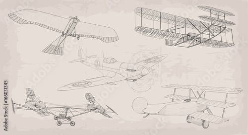 Hand drawn element object vintage air transport helicopter, plane, airplane retro design set black linear . Vector beautiful cute various illustration isolated on beige old background. Info graphics