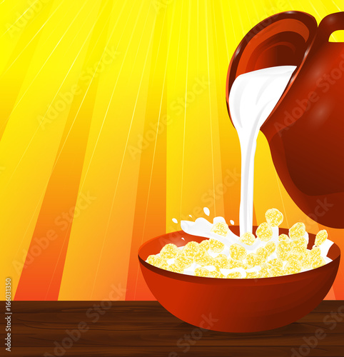 Flakes corn or wheat in a bowl. Milk pouring from the jug a plate with cereal. Vector