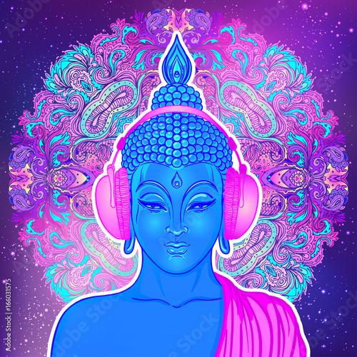 Modern Buddha listening to the music in headphones in neon colors isolated on white. Vector illustration. Vintage psychedelic composition. Indian, Buddhism, trance music.