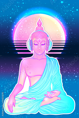 Modern Buddha listening to the music in headphones in neon colors isolated on white. Vector illustration. Vintage psychedelic composition. Indian, Buddhism, trance music.