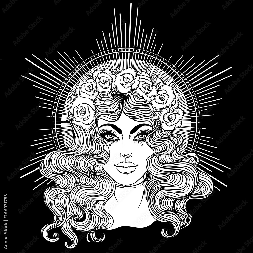 Madonna, Lady of Sorrow. Devotion to the Immaculate Heart of Blessed Virgin Mary, Queen of Heaven. Vector illustration isolated. Coloring book for adults.