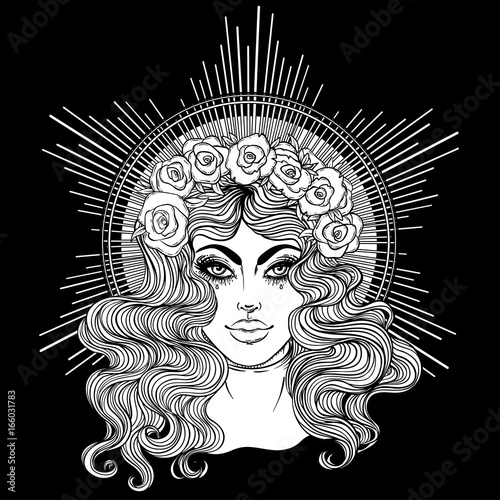 Madonna, Lady of Sorrow. Devotion to the Immaculate Heart of Blessed Virgin Mary, Queen of Heaven. Vector illustration isolated. Coloring book for adults.