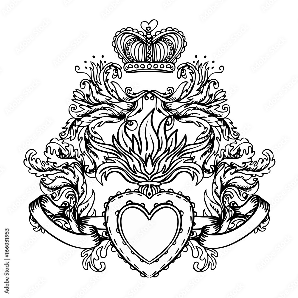 Sacred Heart of Jesus with rays. Vector illustration black isolated on white. Trendy Vintage style element. Spirituality, occultism, alchemy, magic, love.