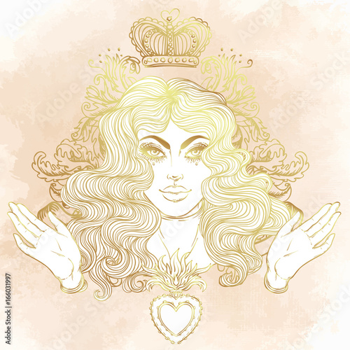 Madonna, Lady of Sorrow. Devotion to the Immaculate Heart of Blessed Virgin Mary, Queen of Heaven. Vector illustration isolated. Coloring book for adults.
