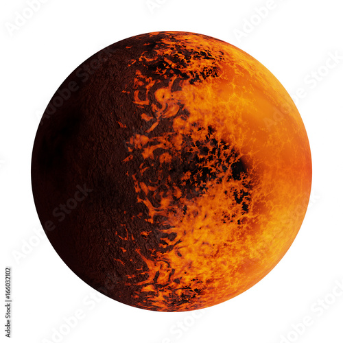 tidally locked exoplanet with a molten and a rocky side, isolated on white background