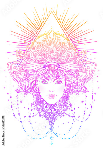 Tribal Fusion Boho Diva. Beautiful Asian divine girl with ornate crown, kokoshnik inspired. Bohemian goddess. Hand drawn elegant illustration. Lotus flower, ethnic art.