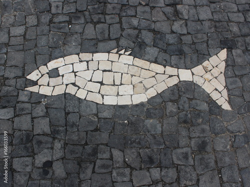 Photography Mosaic in the form of fish on the sidewalk