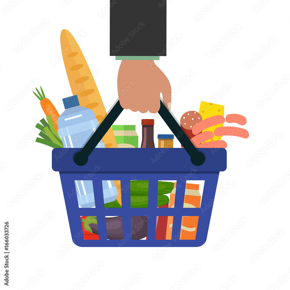 Shopping basket with food and drink in hand. There is a bread, a bottle of water, sausage, cheese, vegetables and other products in the picture. Vector illustration