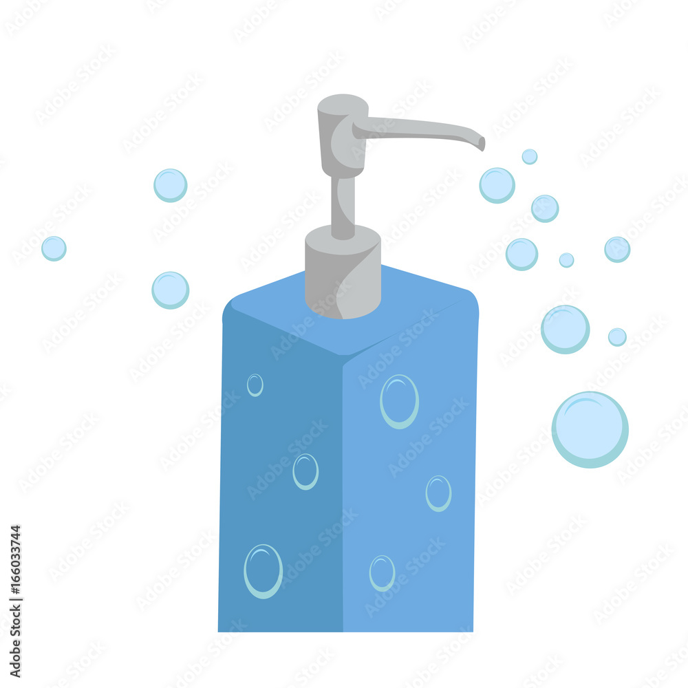 Trendy cartoon style liquid soap blue bottle with dispenser and bubbles. Every day hygiene and health care vector illustration. Stock Vector | Adobe Stock Trendy cartoon style liquid soap blue bottle with dispenser and bubbles. Every day hygiene and health care vector illustration. Stock Vector | Adobe Stock