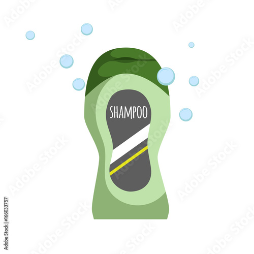 Trendy cartoon green bottle with shampoo or shower gel. Hygiene and hair care vector illustration