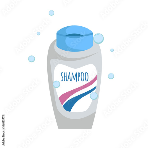 Trendy cartoon bottle with shampoo or shower gel. Hygiene and hair care vector illustration