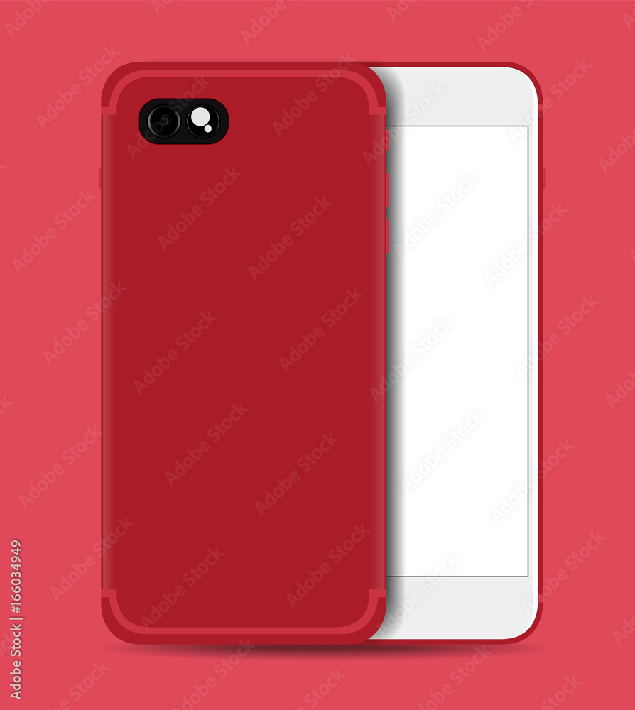 Smartphone realistic red with white screen isolated on red background. Front and back view vector design.
