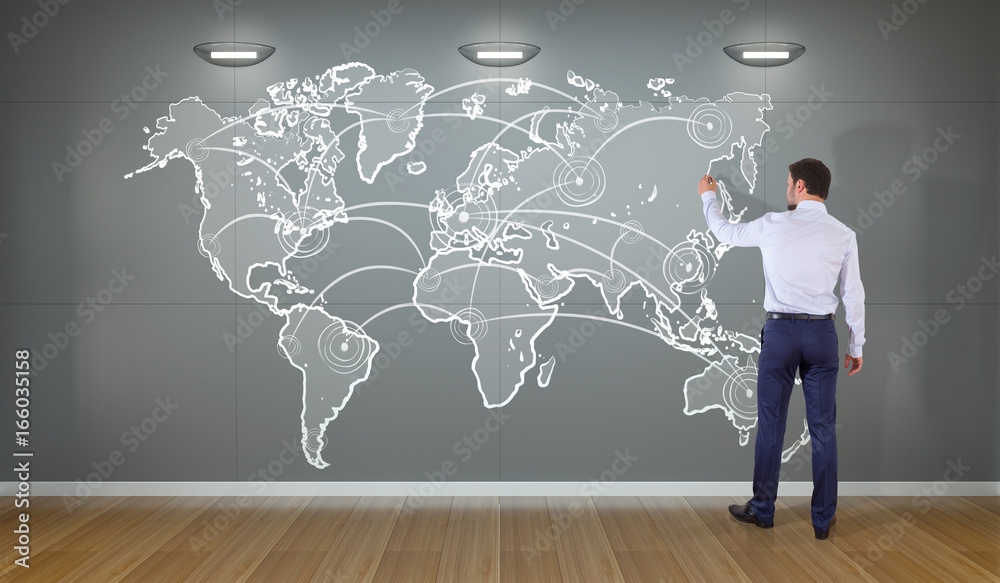 Businessman drawing manuscript world map connection on a wall 3D rendering
