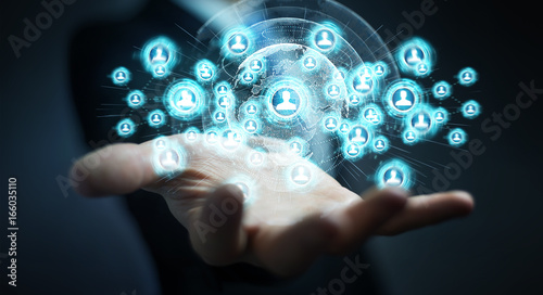 Businessman using social network interface 3D rendering