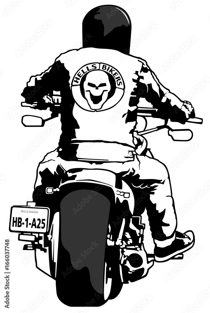 Naklejka premium Harley Davidson and Rider - Black and White Illustration, Vector