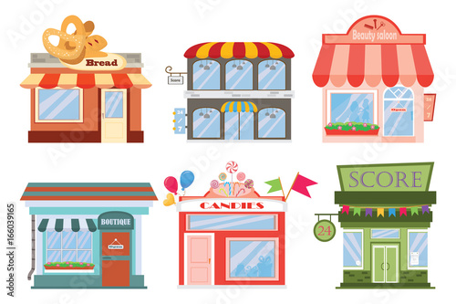 Set of vector flat designer restaurants and shops icons of facades.