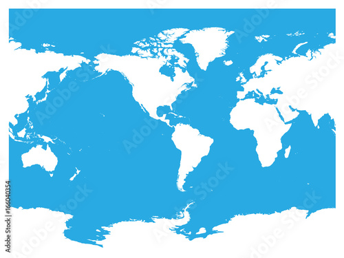Australia and Pacific Ocean centered world map. High detail white silhouette on blue background. Vector illustration.