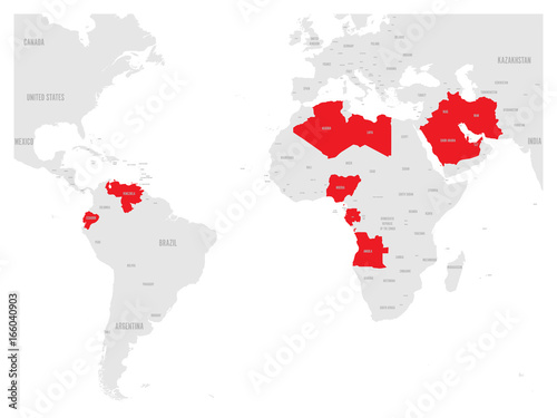 OPEC, Organization of the Petroleum Exporting Countries. World map with red highlighted member states since 2017. Vector illustration.