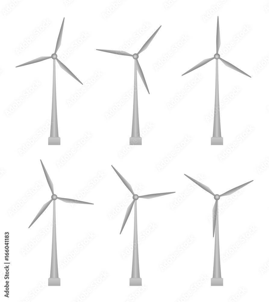 Set of steel wind turbines on a concrete pedestal mounted with screws with a different turbine position on a white background. Collection turbine for environmental energy in the country Set of steel wind turbines on a concrete pedestal mounted with screws with a different turbine position on a white background. Collection turbine for environmental energy in the country