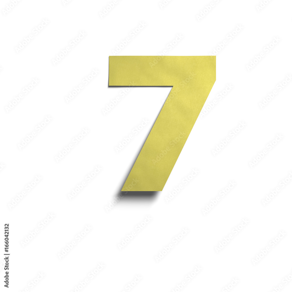 3D realistic yellow paper notes number 7 with soft shadow isolated on white background. 3D realistic yellow paper notes number 7 with soft shadow isolated on white background.