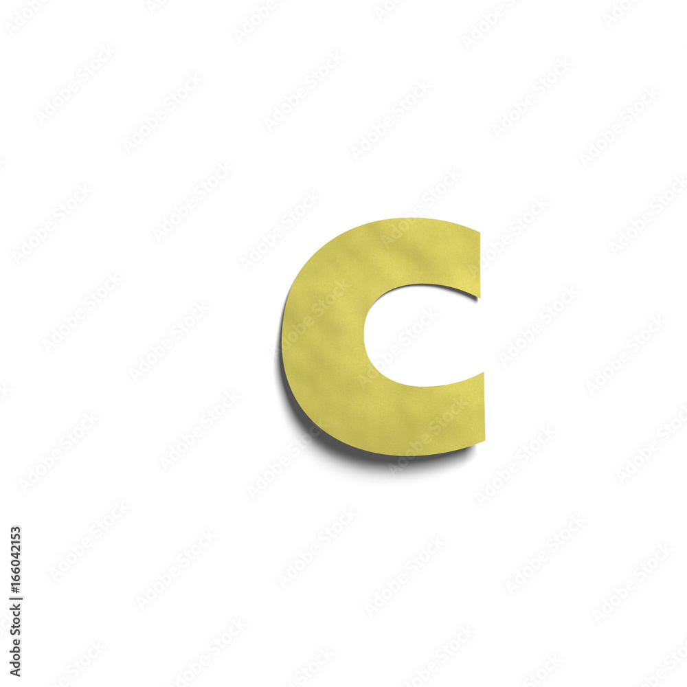 3D realistic yellow paper notes lowercase letter c with soft shadow isolated on white background. 3D realistic yellow paper notes lowercase letter c with soft shadow isolated on white background.