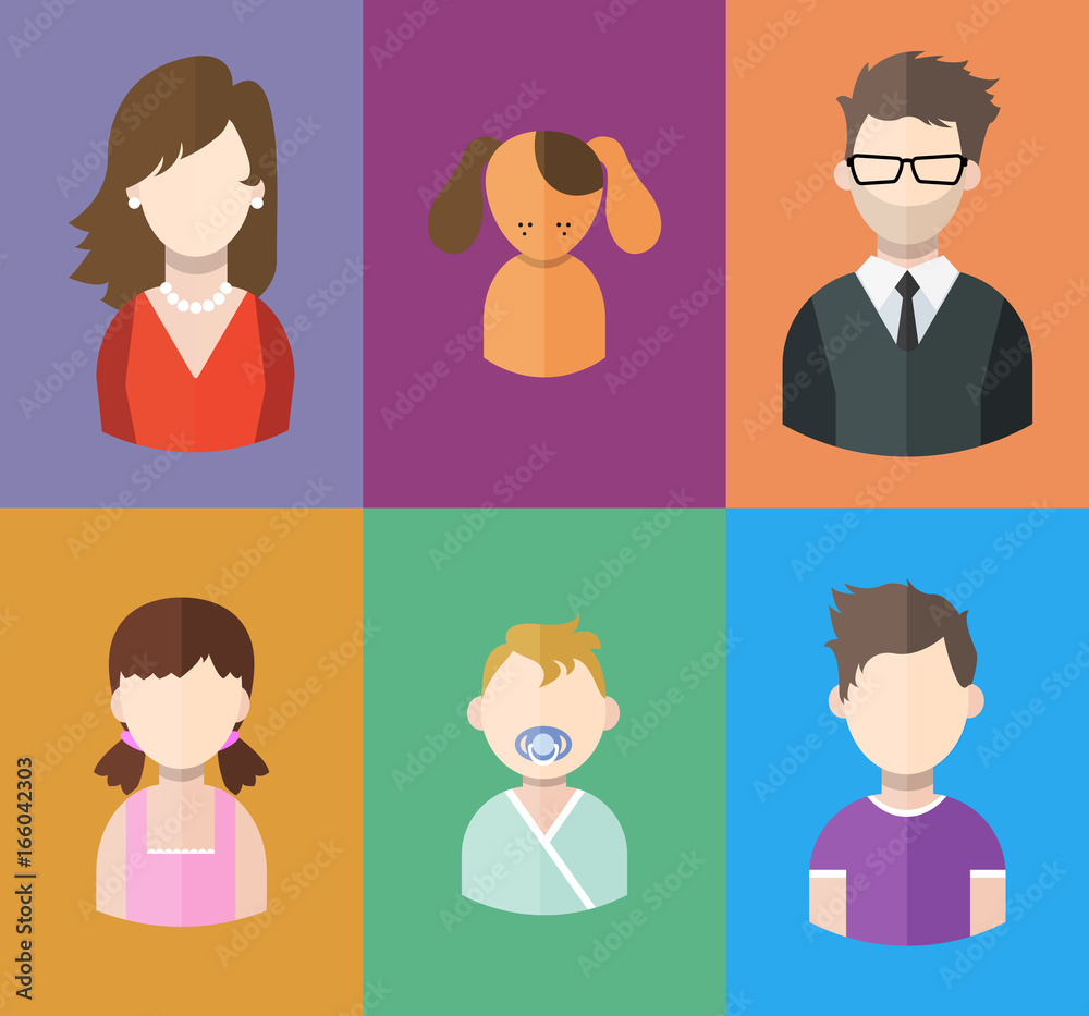 Flat people icons (mother, father and their sons, daughter and a dog. Family. Segment of population Flat people icons (mother, father and their sons, daughter and a dog. Family. Segment of population