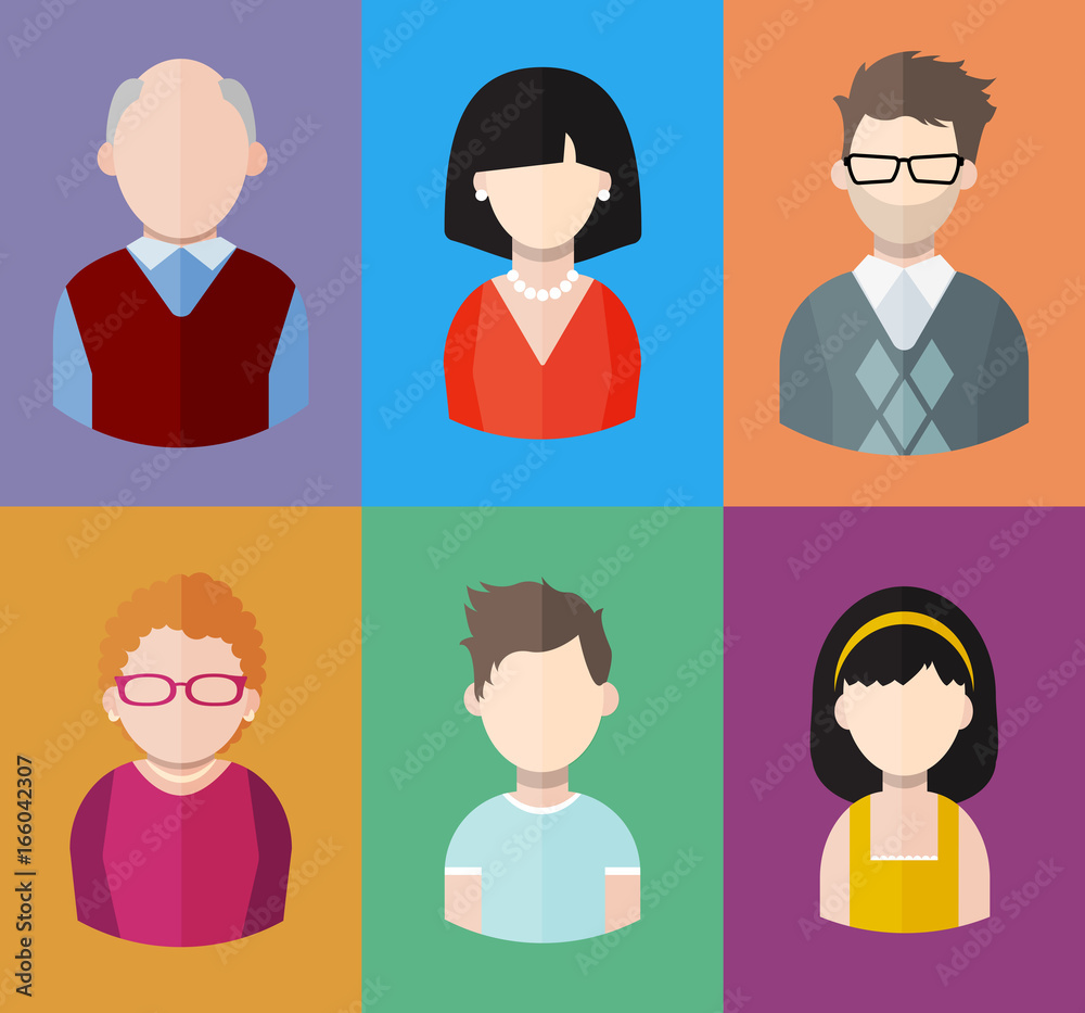 Flat people icons (mother, father and their son and daughter, grandpa and grandma. Family. Segment of population Flat people icons (mother, father and their son and daughter, grandpa and grandma. Family. Segment of population