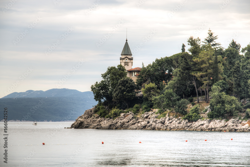 A little church next to the Adriatic sea in Lovran in Croatia
