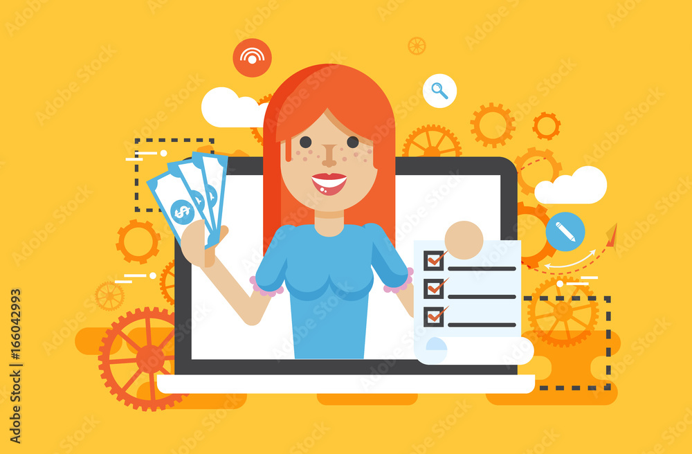 Vector illustration woman laptop notebook offers fill in application form in flat style Vector illustration woman laptop notebook offers fill in application form in flat style