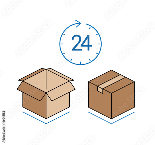 Cardboard box with clock isolated on white background