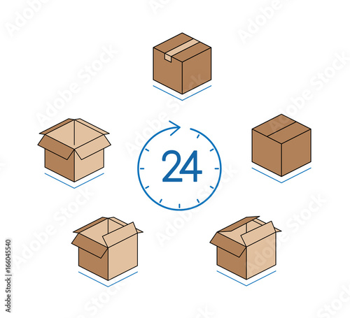 Cardboard box with clock isolated on white background