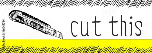 Vector banner with a stationery knife that cuts the plane. Tool with a sharp blade. Original sketch illustration