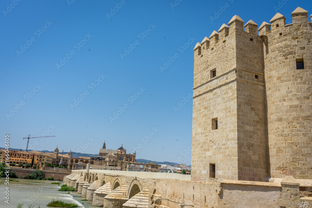 A view of the Calahorra tower, roman bridge and Mosque church of Cordoba, Spain, Europe