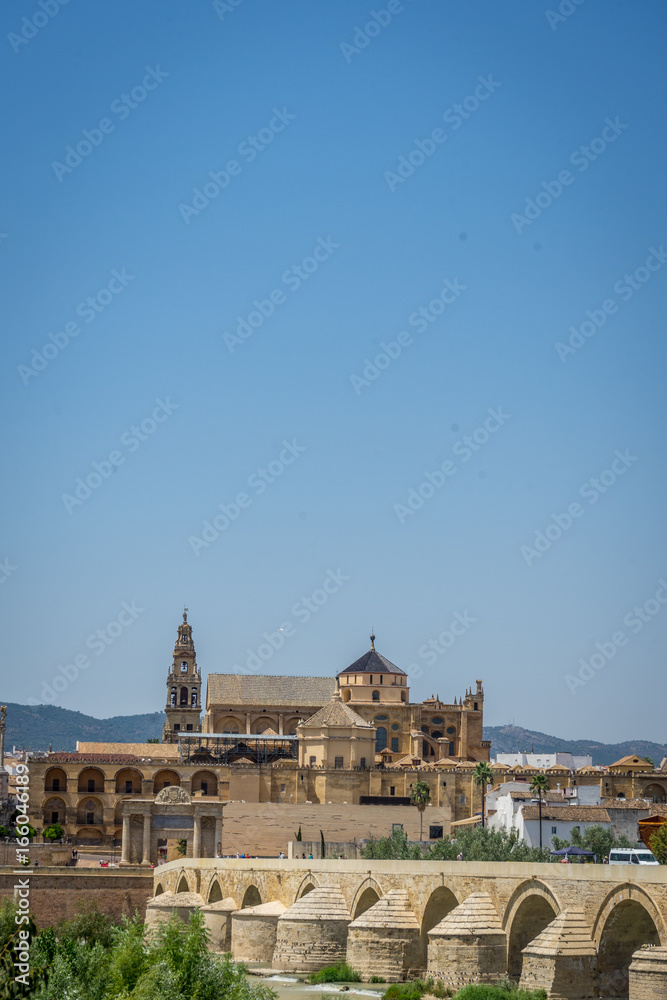 The roman bridge, bell tower and the Mosque Church of Cordoba across the Guadalquivir river, Spain, Europe, Andalucia